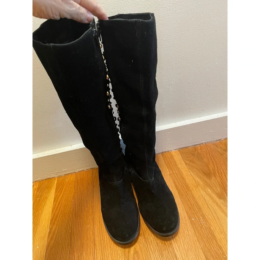 Black Studded Knee-High Boots - Suede Look
